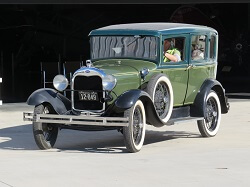 WAAAM's 1929 Ford Model A 3-Window Town Sedan out for a drive during a Second Saturday event.